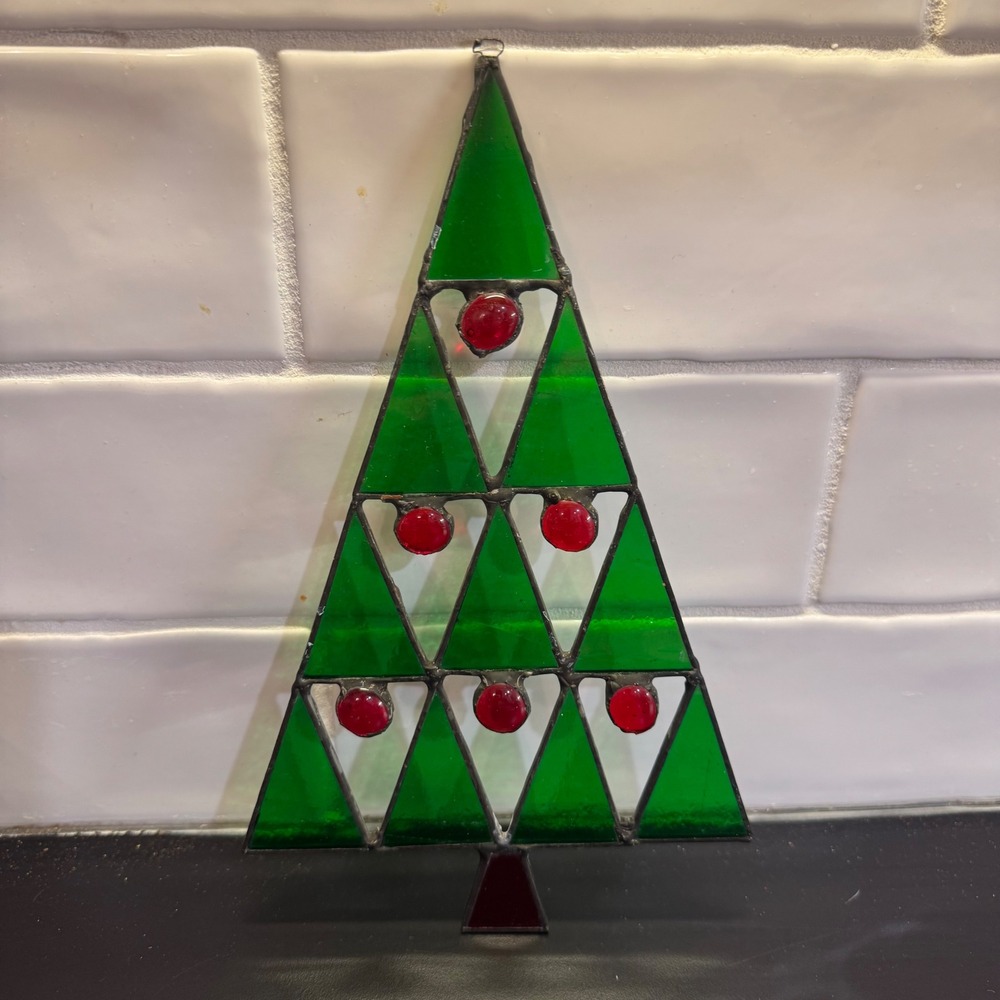 Handmade Stained Glass Christmas Tree Suncatcher Green Red 8.5" Holiday Decor